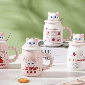 Taza mug gatito con fresas y tapa 3D - Conserva temperatura de bebidas calientes y frías